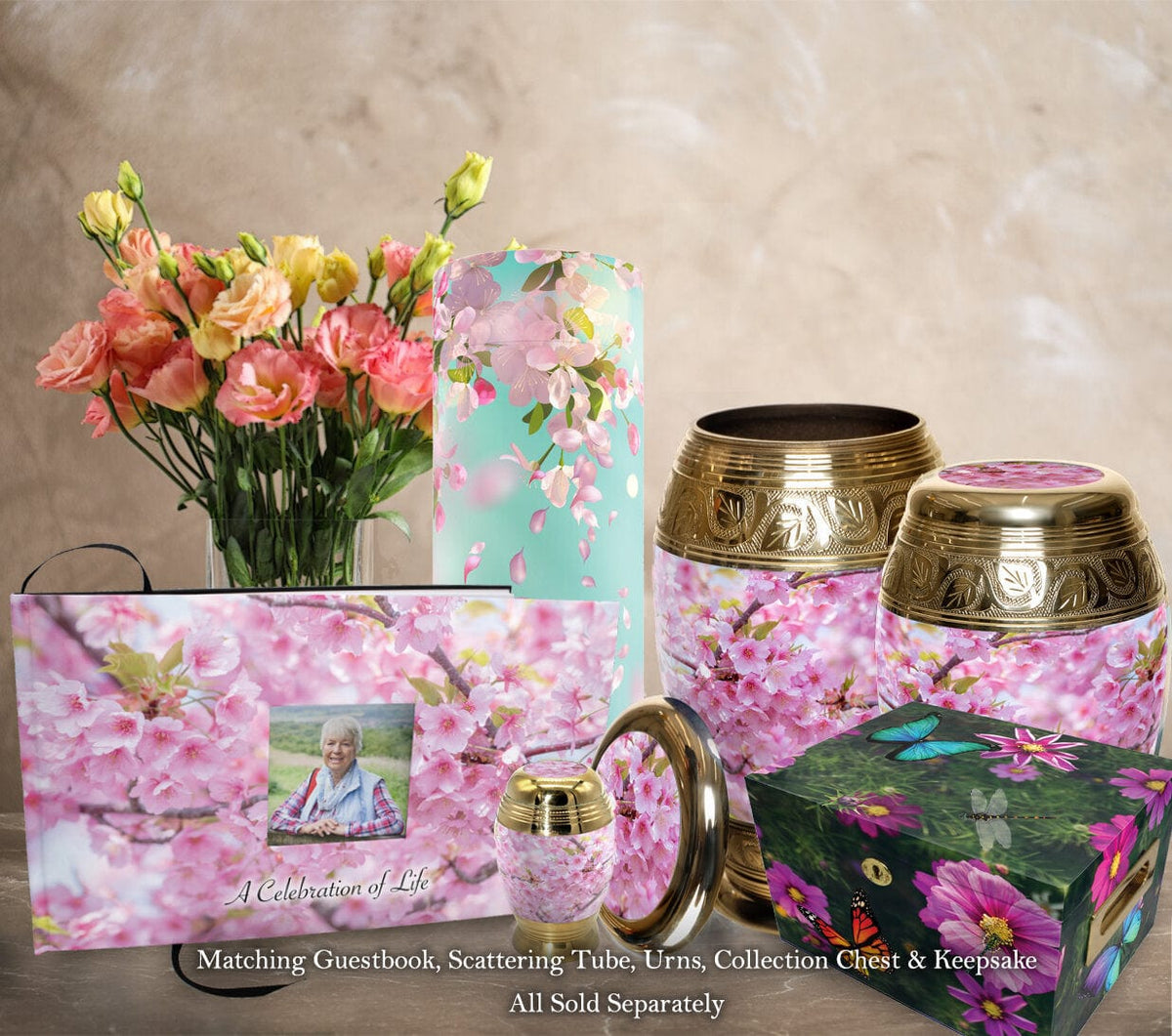 Commemorative Cremation Urns Cherry Blossom Matching Themed 'Celebration of Life' Guest Book for Funeral or Memorial Service