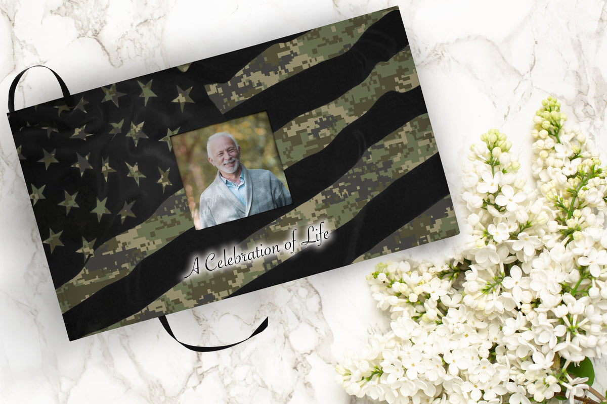 Commemorative Cremation Urns Digital Camouflage Matching Themed 'Celebration of Life' Guest Book for Funeral or Memorial Service