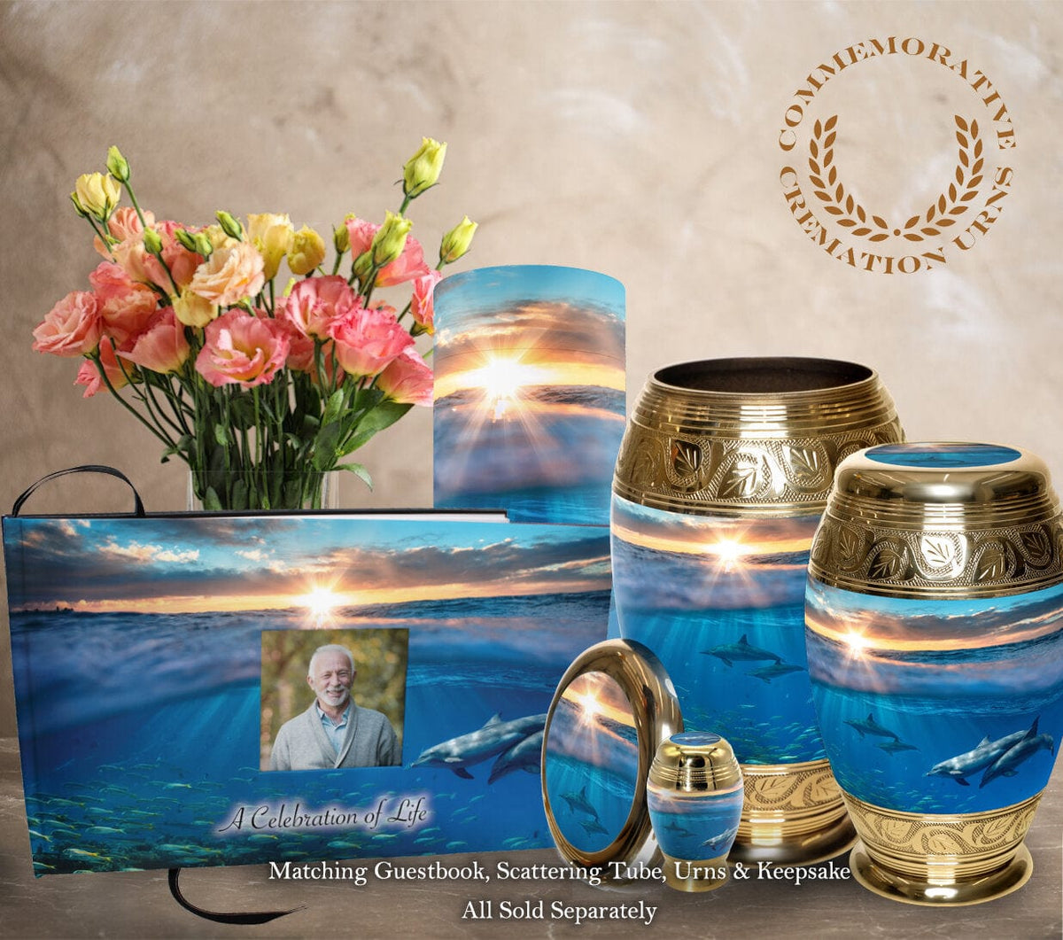 Commemorative Cremation Urns Divine Dolphins Matching Themed 'Celebration of Life' Guest Book for Funeral or Memorial Service