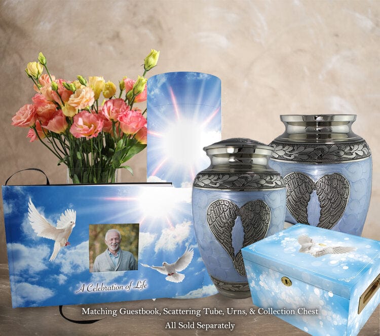 Commemorative Cremation Urns Holy Dove Matching Themed 'Celebration of Life' Guest Book for Funeral or Memorial Service