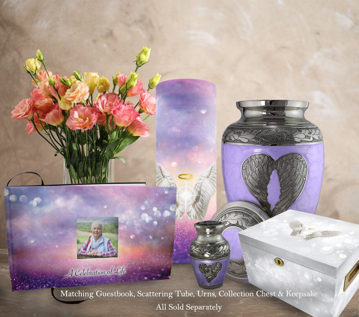 Commemorative Cremation Urns Home & Garden Guardian Angel (Purple) Matching Themed 'Celebration of Life' Guest Book for Funeral or Memorial Service