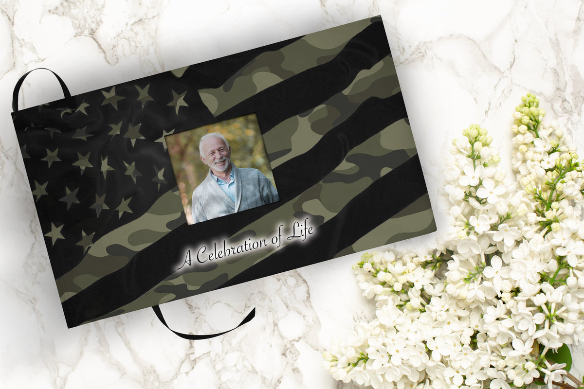 Commemorative Cremation Urns Traditional Camouflage Matching Themed 'Celebration of Life' Guest Book for Funeral or Memorial Service