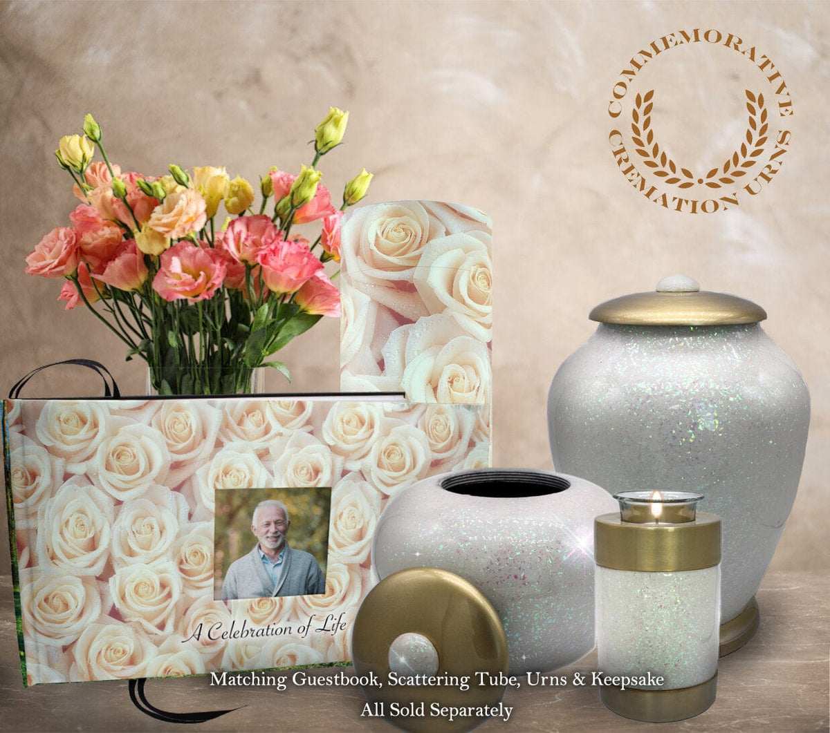 Commemorative Cremation Urns White Roses Matching Themed 'Celebration of Life' Guest Book for Funeral or Memorial Service