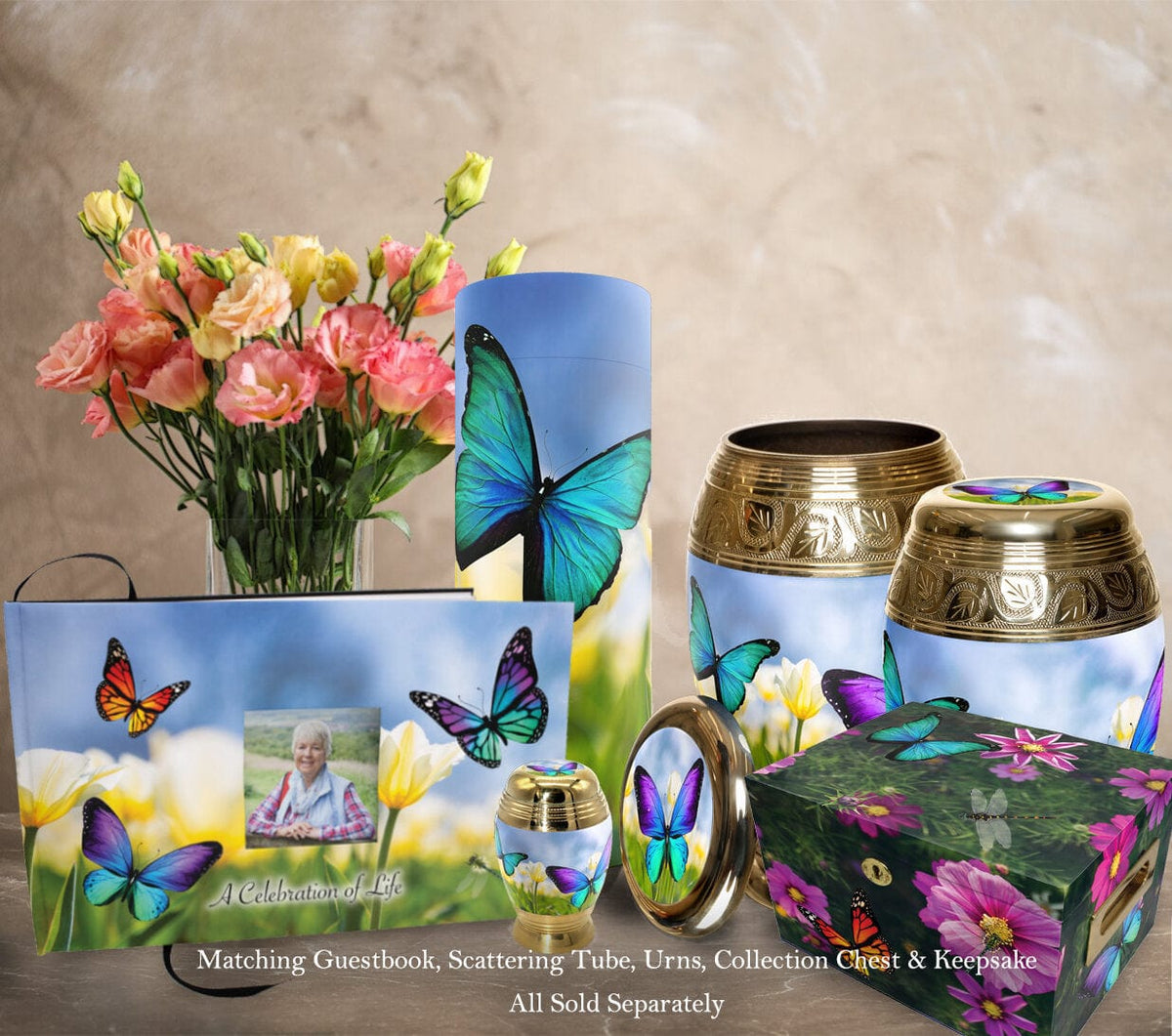 Commemorative Cremation Urns Wild Butterflies Matching Themed 'Celebration of Life' Guest Book for Funeral or Memorial Service
