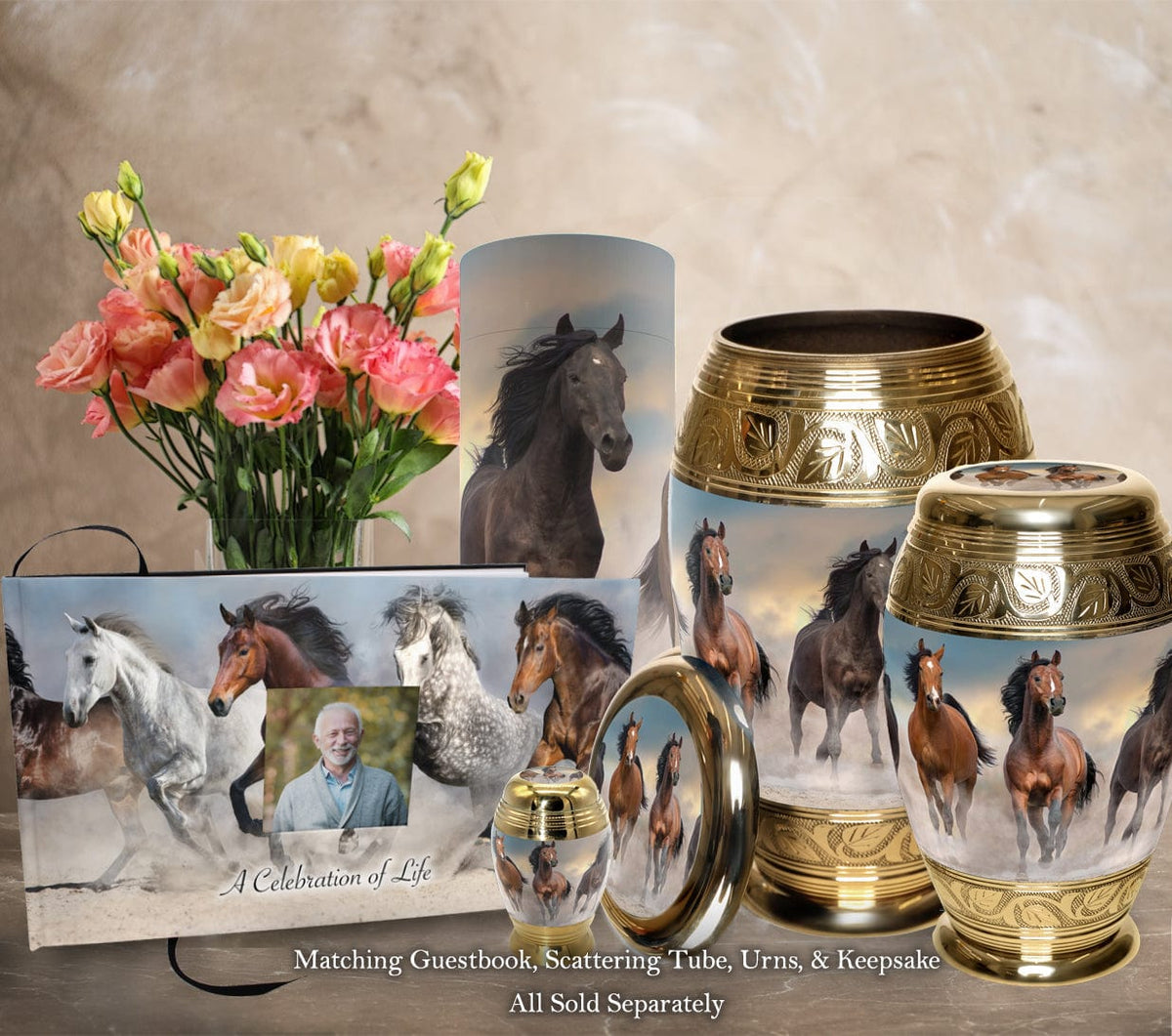 Commemorative Cremation Urns Wild Horses Matching Themed 'Celebration of Life' Guest Book for Funeral or Memorial Service