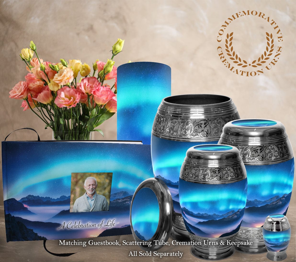 Aurora Borealis cremation urns and keepsakes with blue landscape design, flowers, and guestbook