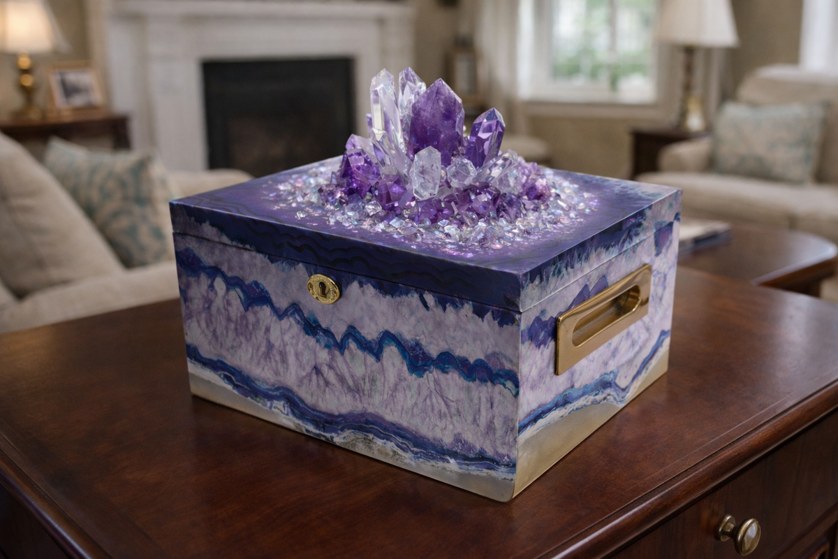 LIMITED EDITION Purple Agate Crystal Urn Memorial Chest with Genuine Amethyst and Quartz Cremation Urn