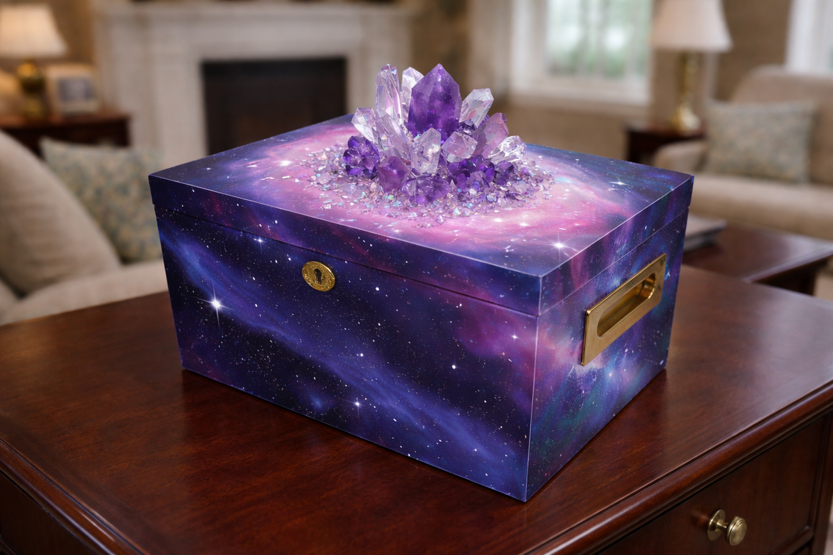 LIMITED EDITION Galaxy Crystal Urn with Genuine Amethyst and Quartz Memorial Collection Chest Cremation Urn