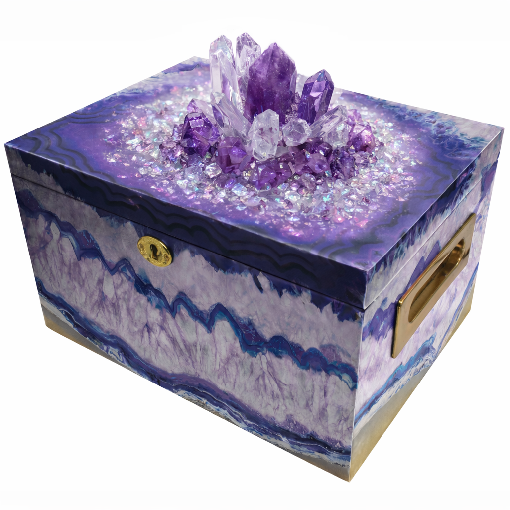 LIMITED EDITION Purple Agate Crystal Urn Memorial Chest with Genuine Amethyst and Quartz Cremation Urn