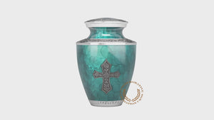 Glory to God Teal Cross Cremation Urns
