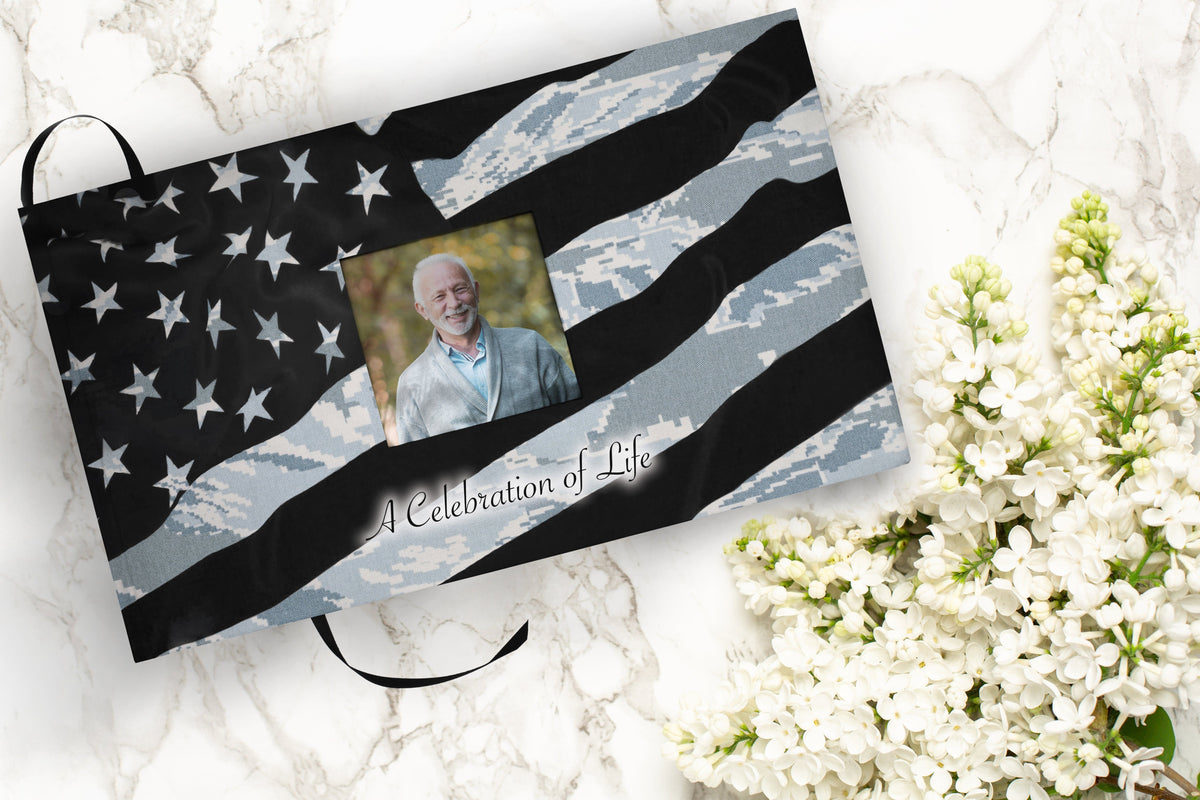 Commemorative Cremation Urns Air Force Tiger Stripe Matching Themed 'Celebration of Life' Guest Book for Funeral or Memorial Service