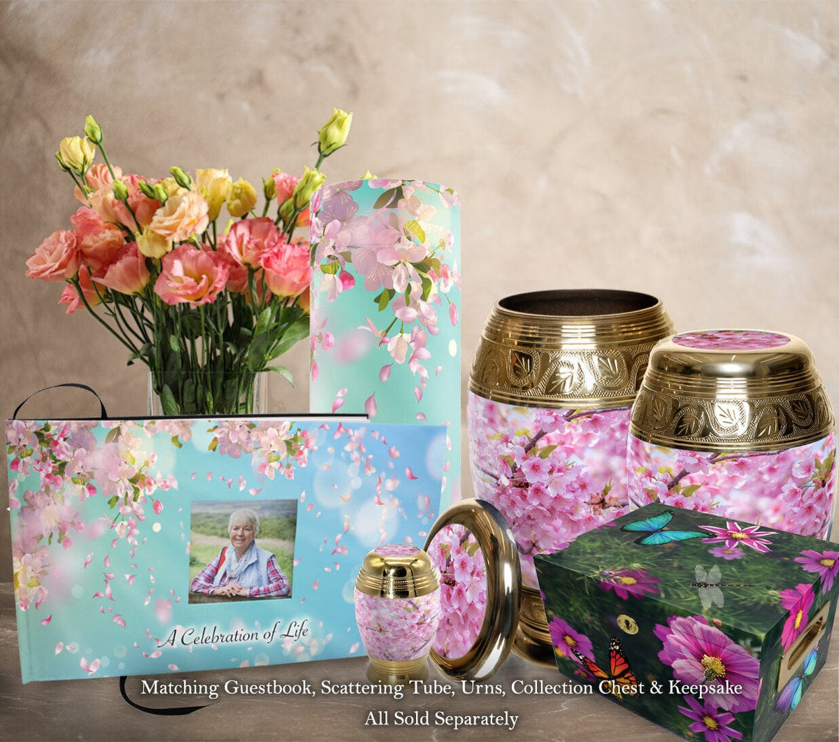 Commemorative Cremation Urns Along the Breeze Matching Themed 'Celebration of Life' Guest Book for Funeral or Memorial Service