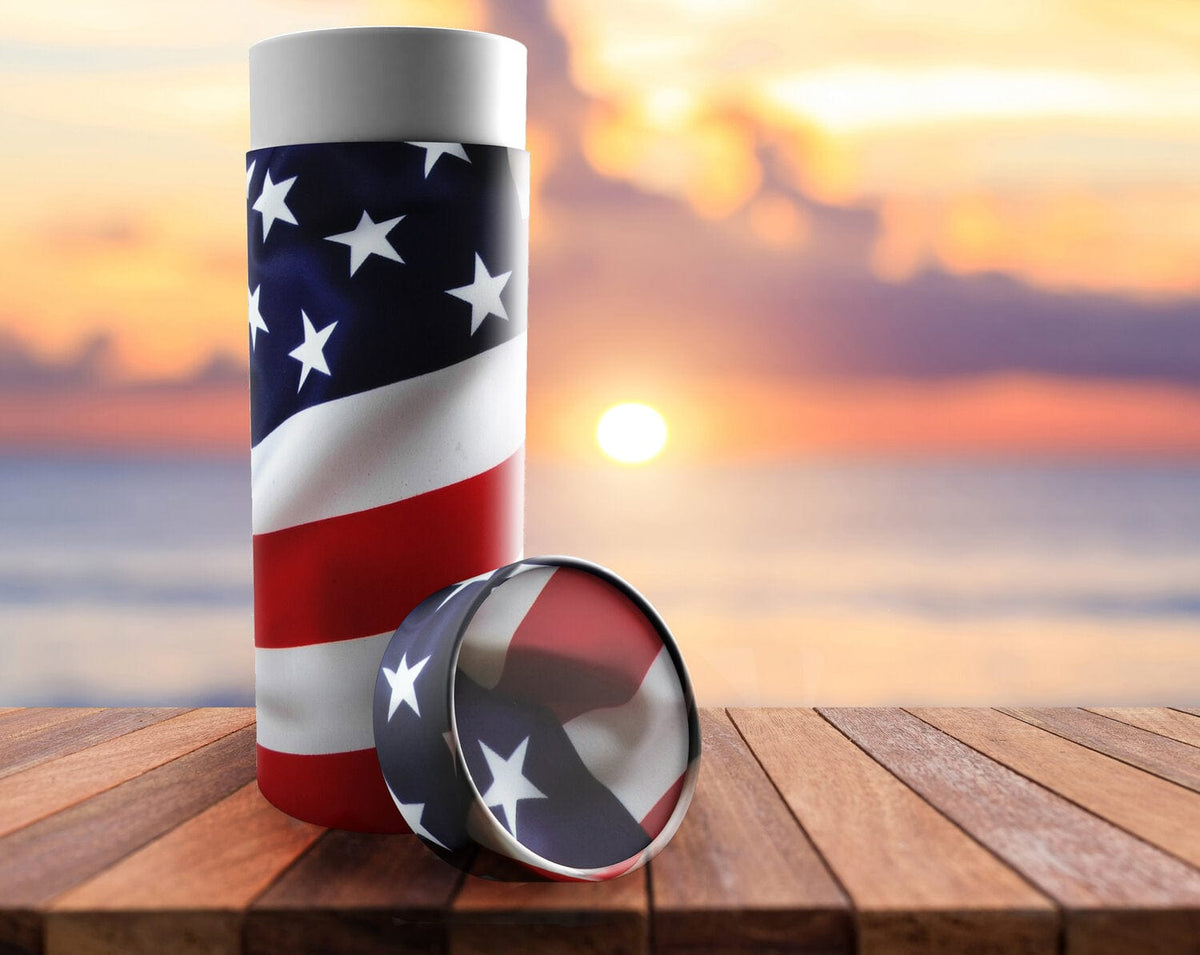 Commemorative Cremation Urns American Flag - Biodegradable & Eco Friendly Burial or Scattering Urn / Tube