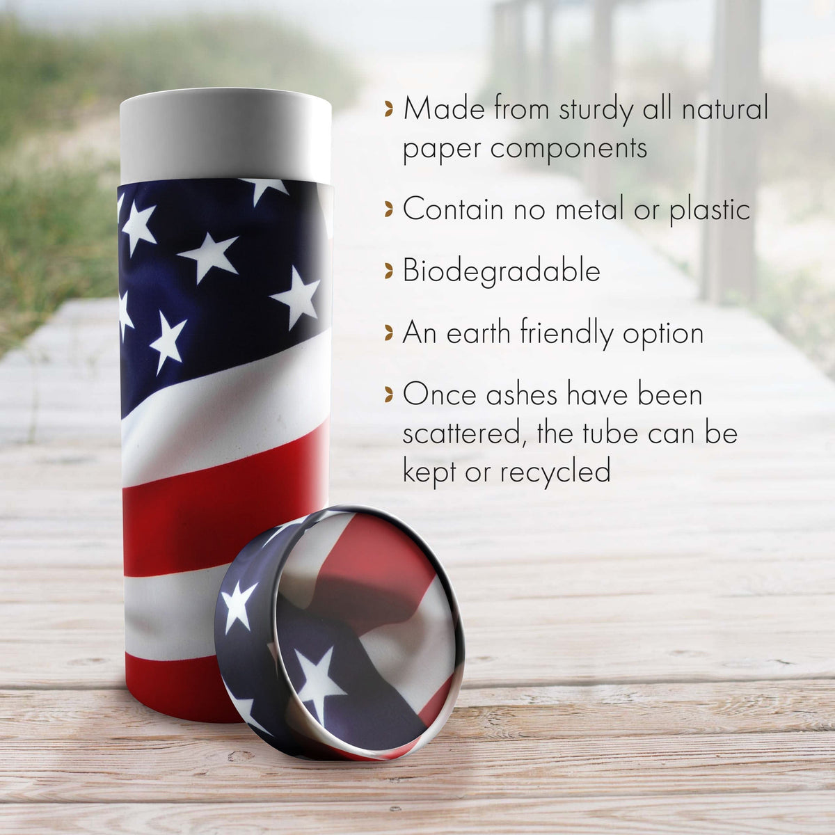 Commemorative Cremation Urns American Flag - Biodegradable & Eco Friendly Burial or Scattering Urn / Tube
