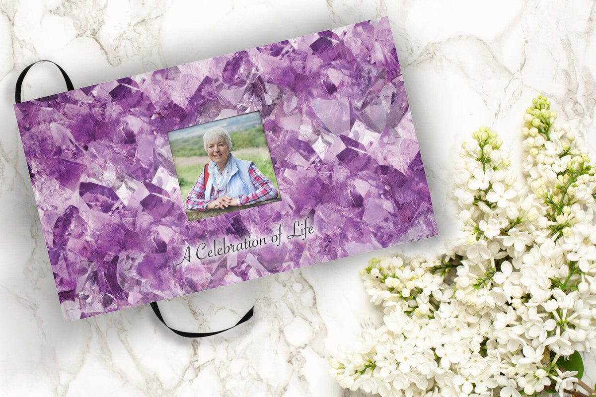 Commemorative Cremation Urns Amethyst Crystals Matching Themed 'Celebration of Life' Guest Book for Funeral or Memorial Service