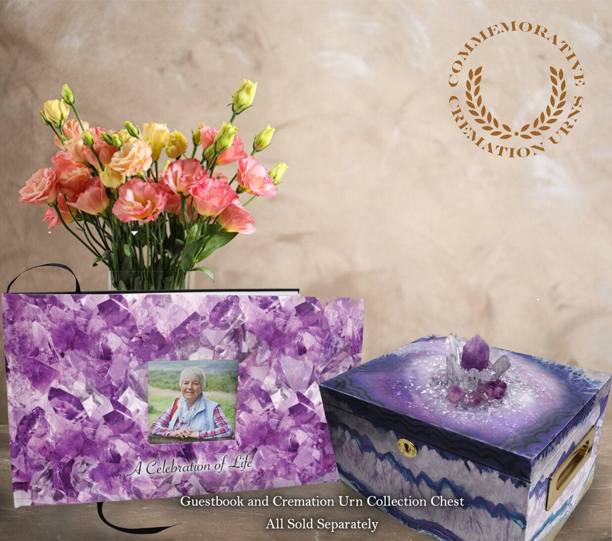 Commemorative Cremation Urns Amethyst Crystals Matching Themed 'Celebration of Life' Guest Book for Funeral or Memorial Service