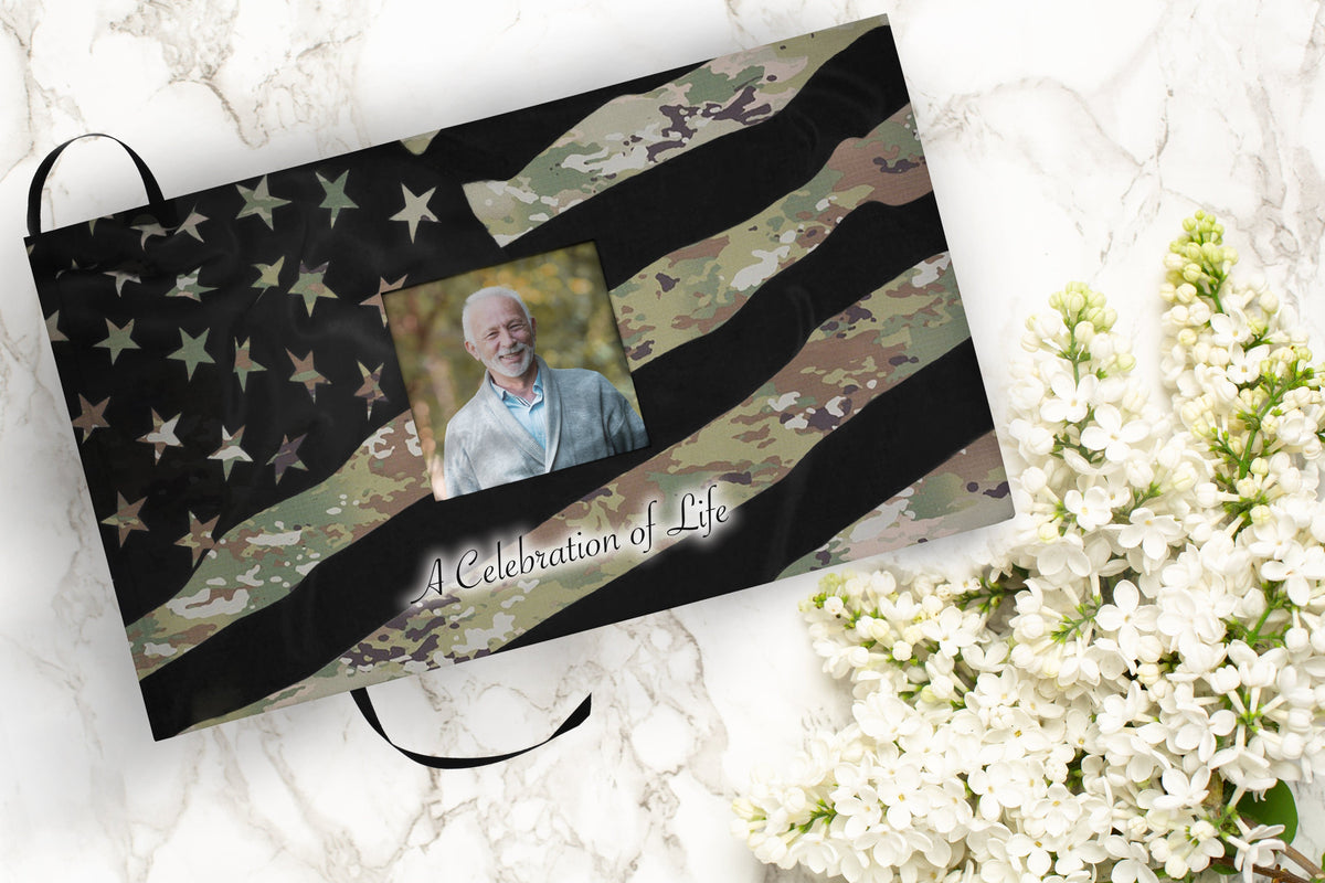 Commemorative Cremation Urns Army OCP Matching Themed 'Celebration of Life' Guest Book for Funeral or Memorial Service