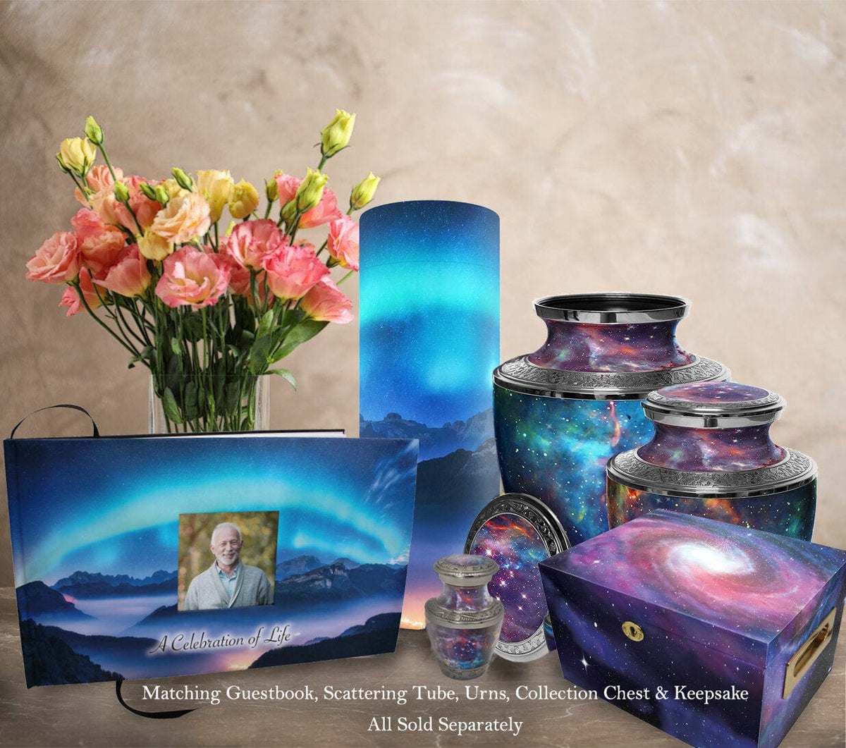 Commemorative Cremation Urns Aurora Borealis Matching Themed 'Celebration of Life' Guest Book for Funeral or Memorial Service