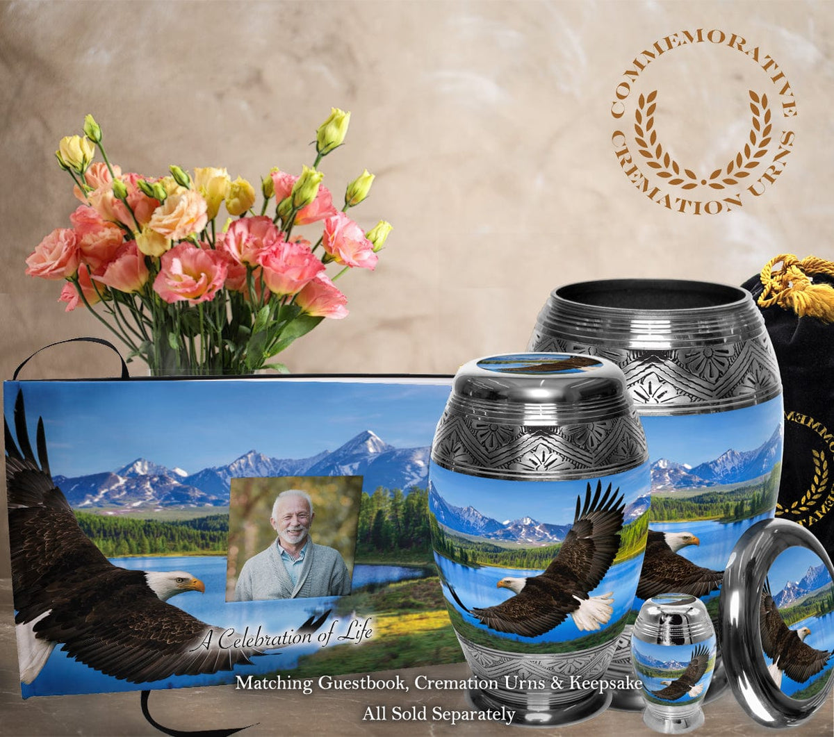 Commemorative Cremation Urns Bald Eagle Matching Themed 'Celebration of Life' Guest Book for Funeral or Memorial Service