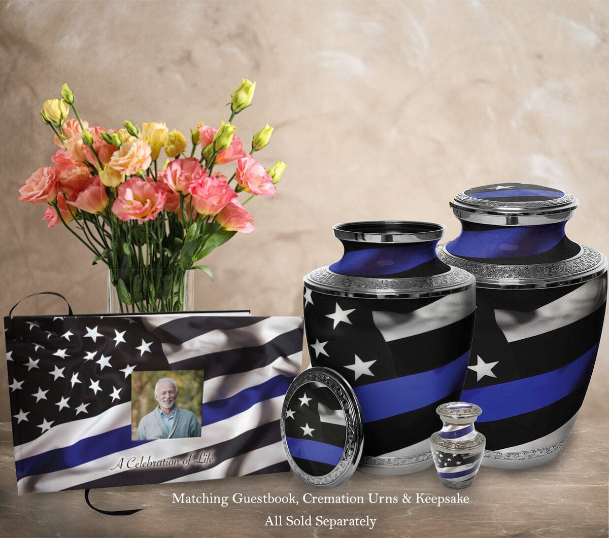 Commemorative Cremation Urns Blue Line Flag Police & Law Enforcement Matching Themed 'Celebration of Life' Guest Book for Funeral or Memorial Service
