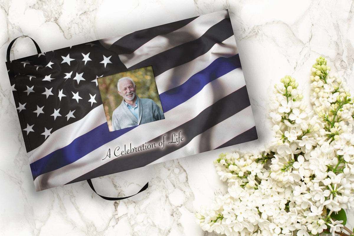 Commemorative Cremation Urns Blue Line Flag Police & Law Enforcement Matching Themed 'Celebration of Life' Guest Book for Funeral or Memorial Service