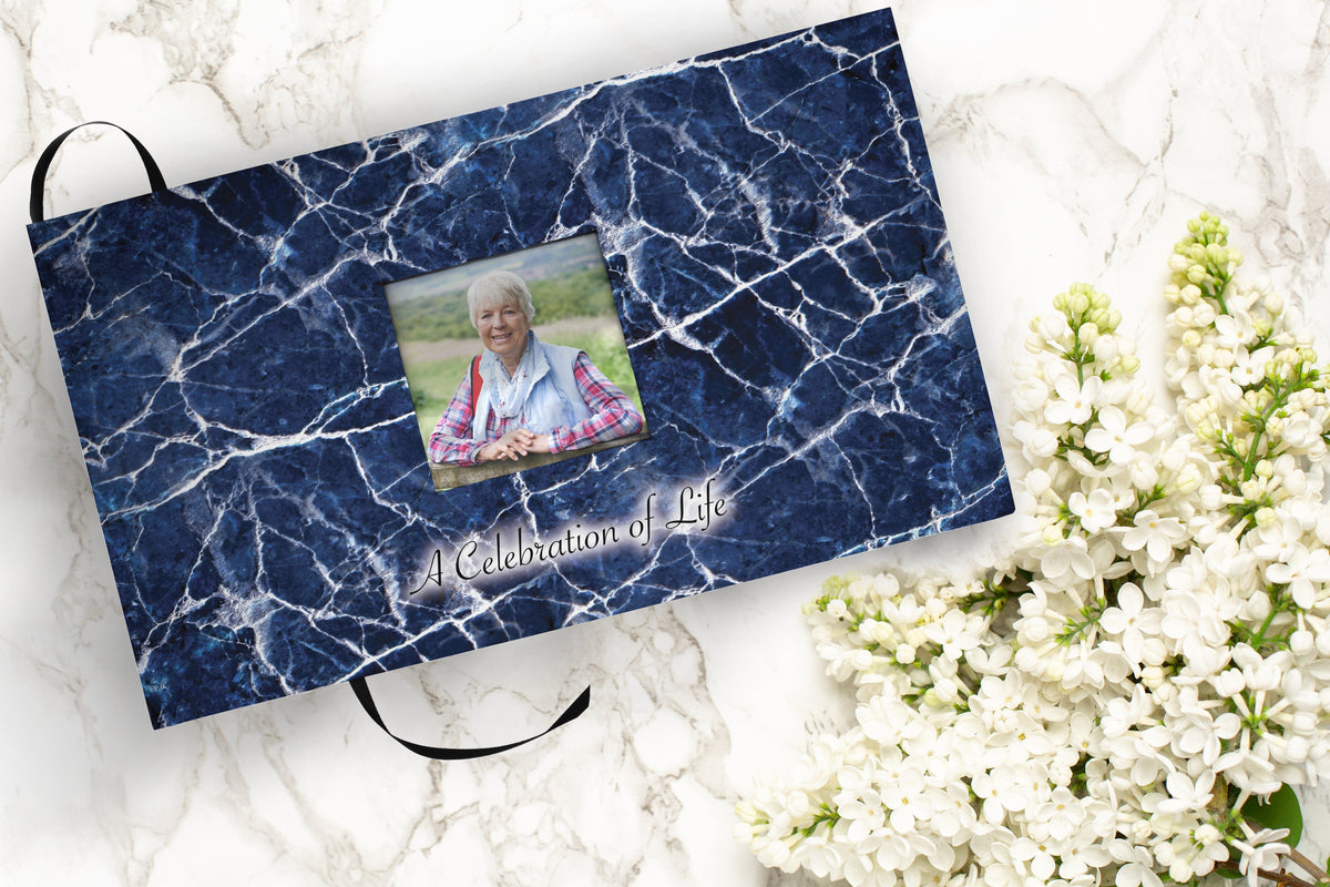 Commemorative Cremation Urns Blue Marble Matching Themed 'Celebration of Life' Guest Book for Funeral or Memorial Service