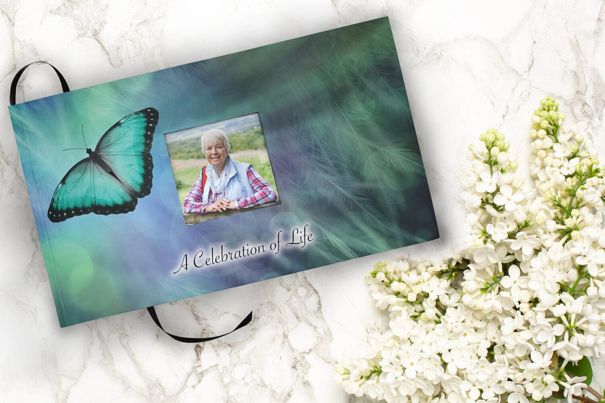 Commemorative Cremation Urns Bokeh Butterfly Matching Themed 'Celebration of Life' Guest Book for Funeral or Memorial Service