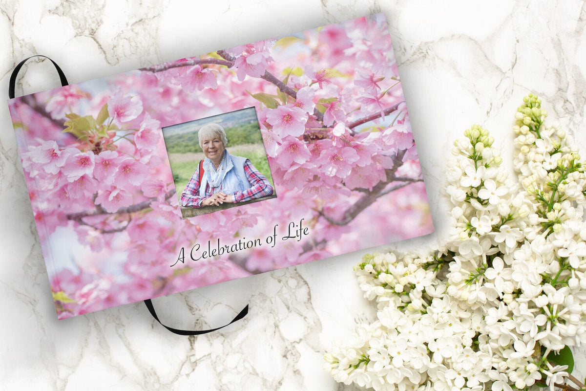 Commemorative Cremation Urns Cherry Blossom Matching Themed 'Celebration of Life' Guest Book for Funeral or Memorial Service
