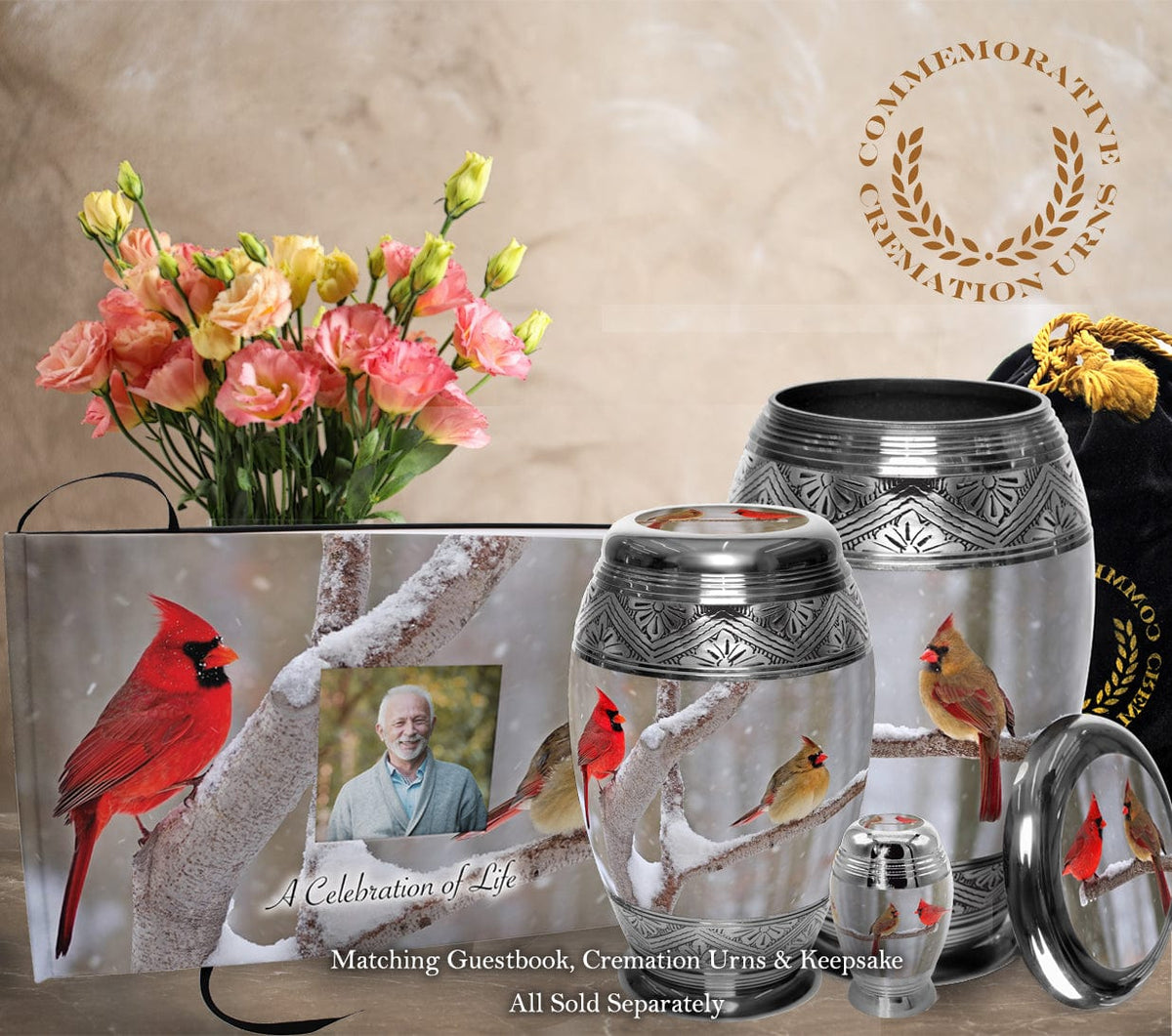 Commemorative Cremation Urns Cozy Cardinals Matching Themed 'Celebration of Life' Guest Book for Funeral or Memorial Service