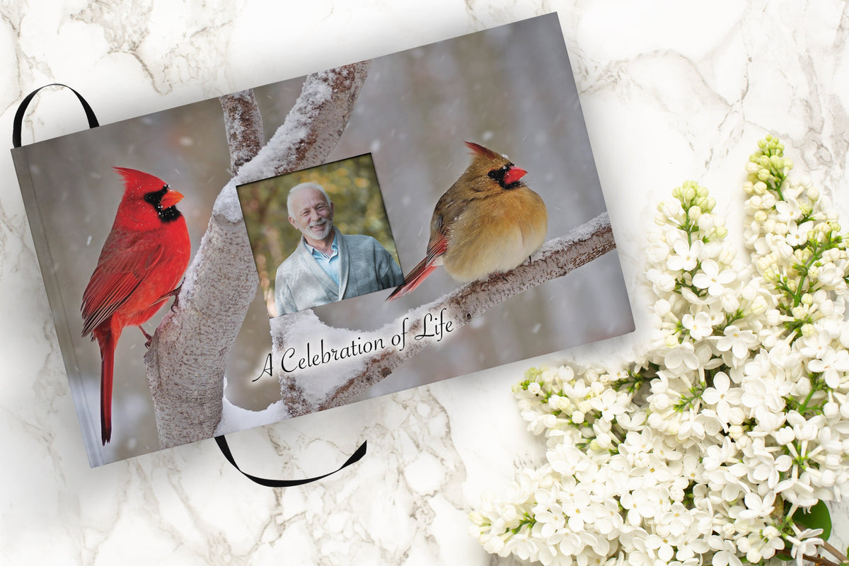Commemorative Cremation Urns Cozy Cardinals Matching Themed 'Celebration of Life' Guest Book for Funeral or Memorial Service