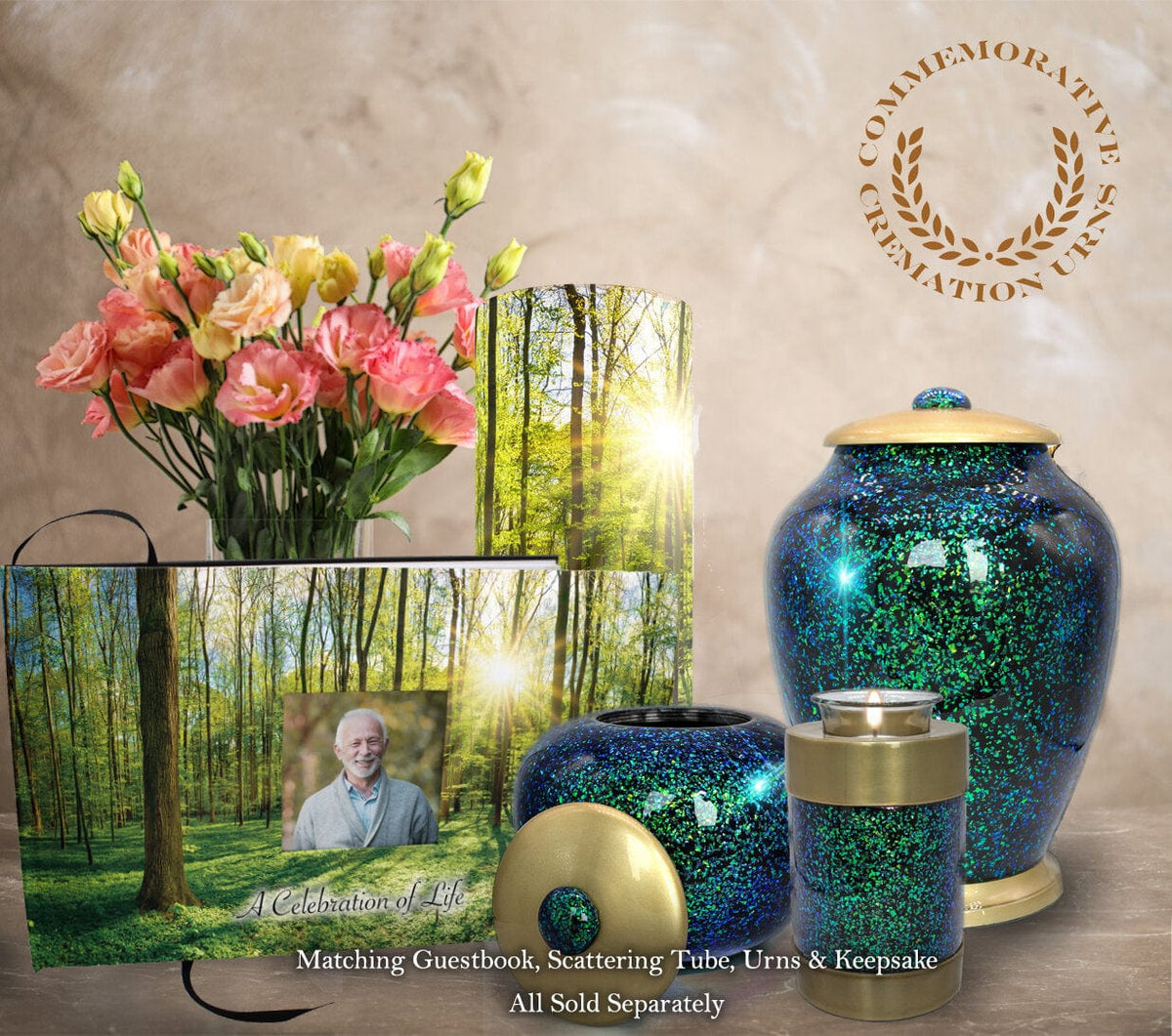 Commemorative Cremation Urns Emerald Forest Matching Themed 'Celebration of Life' Guest Book for Funeral or Memorial Service