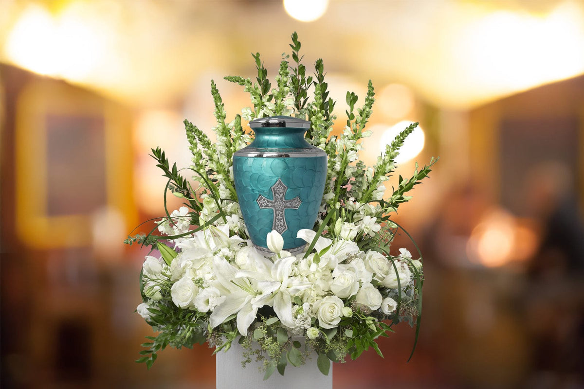 Commemorative Cremation Urns Glory to God Teal Cross Cremation Urn