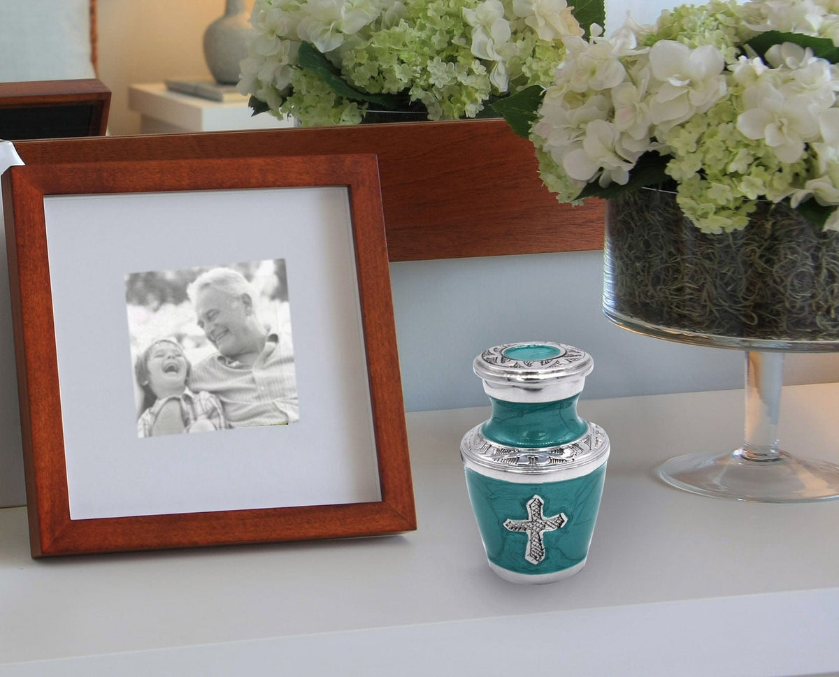 Commemorative Cremation Urns Glory to God Teal Cross Cremation Urn