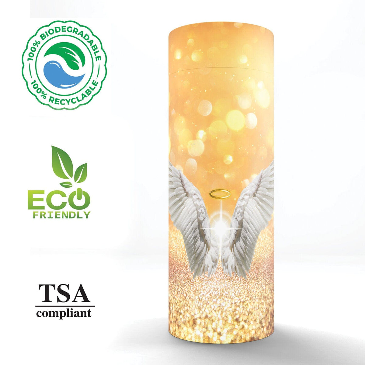 Commemorative Cremation Urns Guardian Angel (Gold) - Biodegradable & Eco Friendly Burial or Scattering Urn / Tube