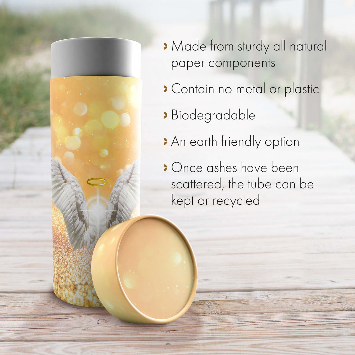 Commemorative Cremation Urns Guardian Angel (Gold) - Biodegradable & Eco Friendly Burial or Scattering Urn / Tube