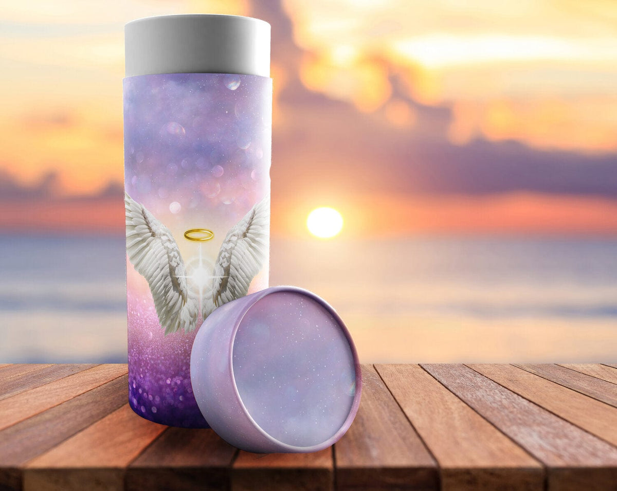 Commemorative Cremation Urns Guardian Angel (Purple) - Biodegradable & Eco Friendly Burial or Scattering Urn / Tube
