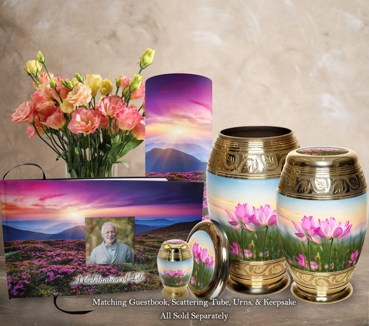 Commemorative Cremation Urns Heaven on Earth Matching Themed 'Celebration of Life' Guest Book for Funeral or Memorial Service