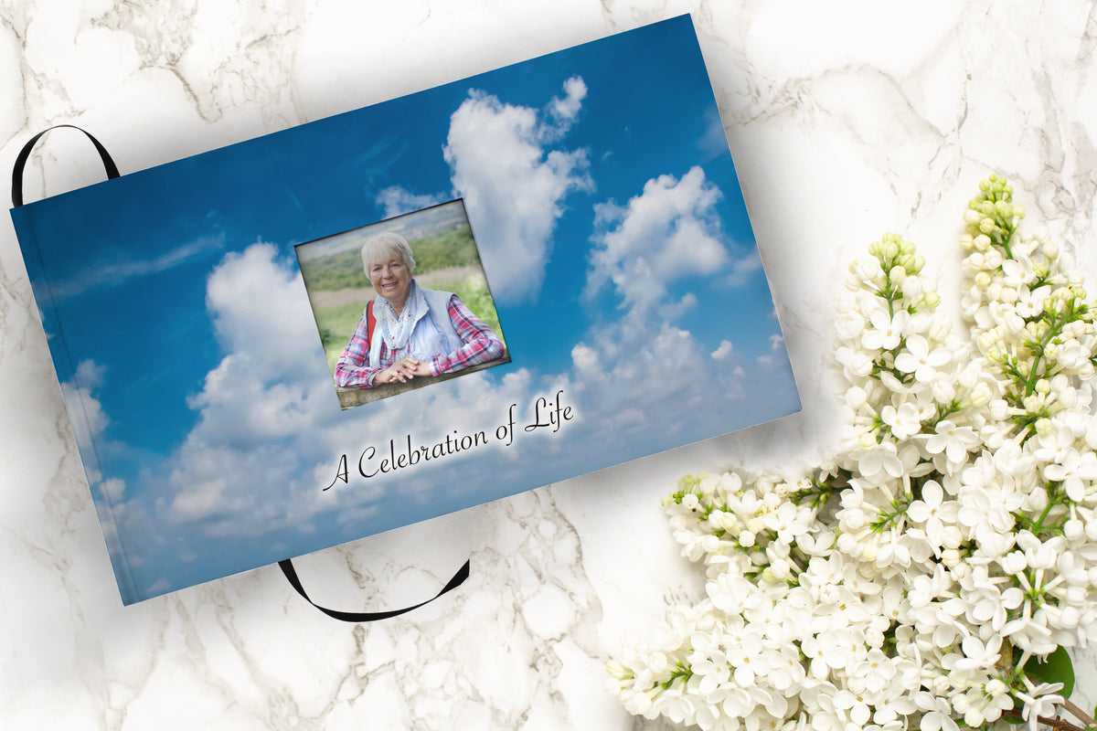 Commemorative Cremation Urns Heavenly Clouds Matching Themed 'Celebration of Life' Guest Book for Funeral or Memorial Service