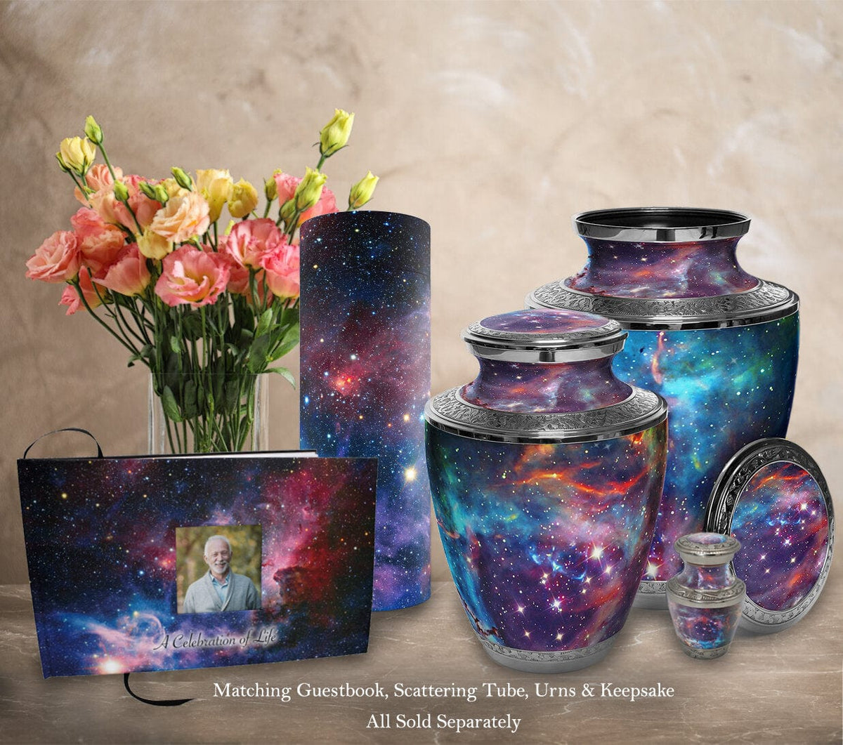 Commemorative Cremation Urns Home & Garden Cosmic Galaxy Matching Themed 'Celebration of Life' Guest Book for Funeral or Memorial Service