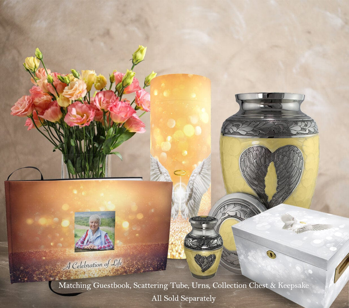 Commemorative Cremation Urns Home & Garden Guardian Angel (Gold) Matching Themed 'Celebration of Life' Guest Book for Funeral or Memorial Service