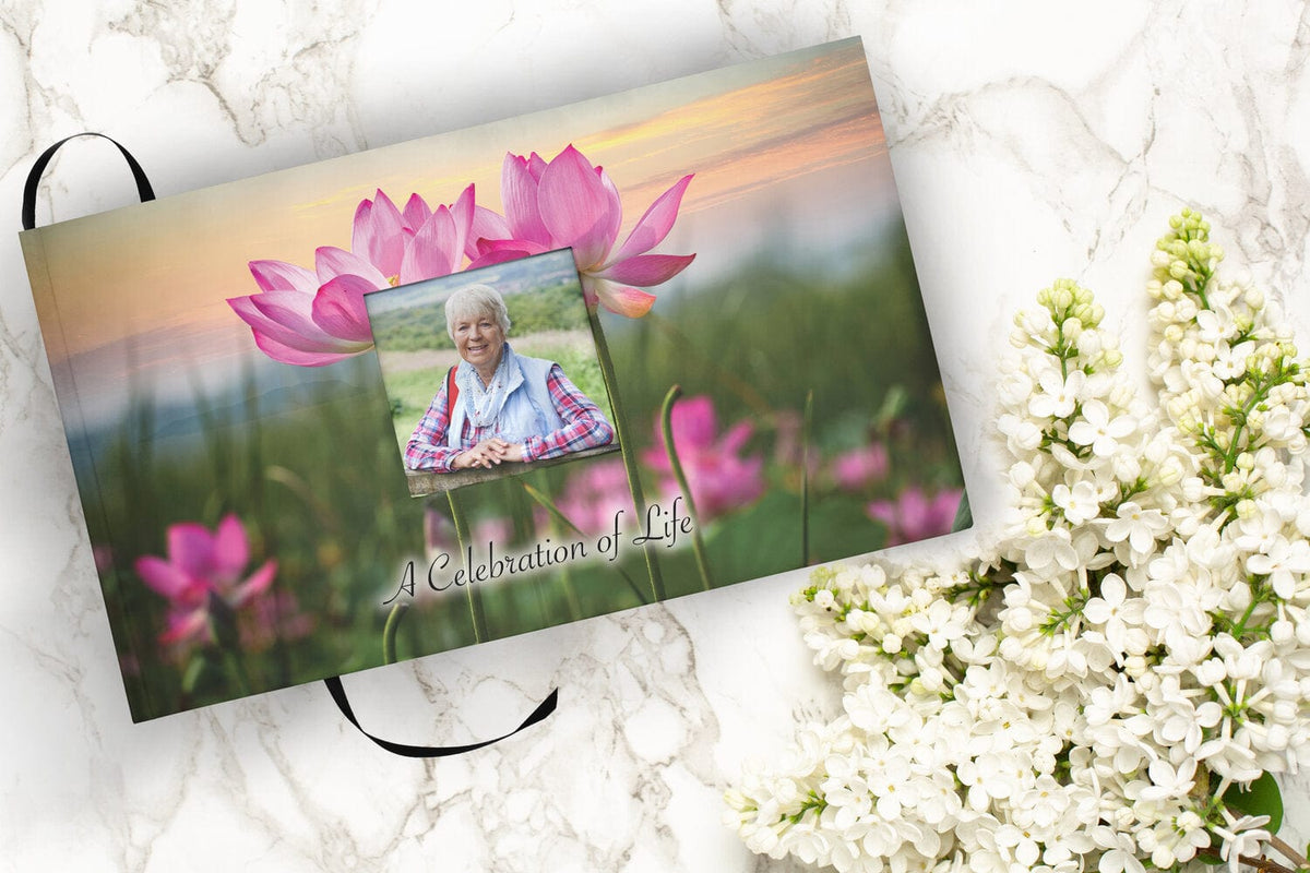 Commemorative Cremation Urns Lotus Tranquility Matching Themed 'Celebration of Life' Guest Book for Funeral or Memorial Service