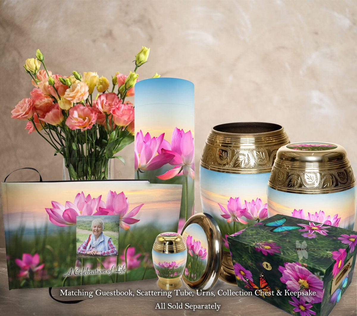 Commemorative Cremation Urns Lotus Tranquility Matching Themed 'Celebration of Life' Guest Book for Funeral or Memorial Service