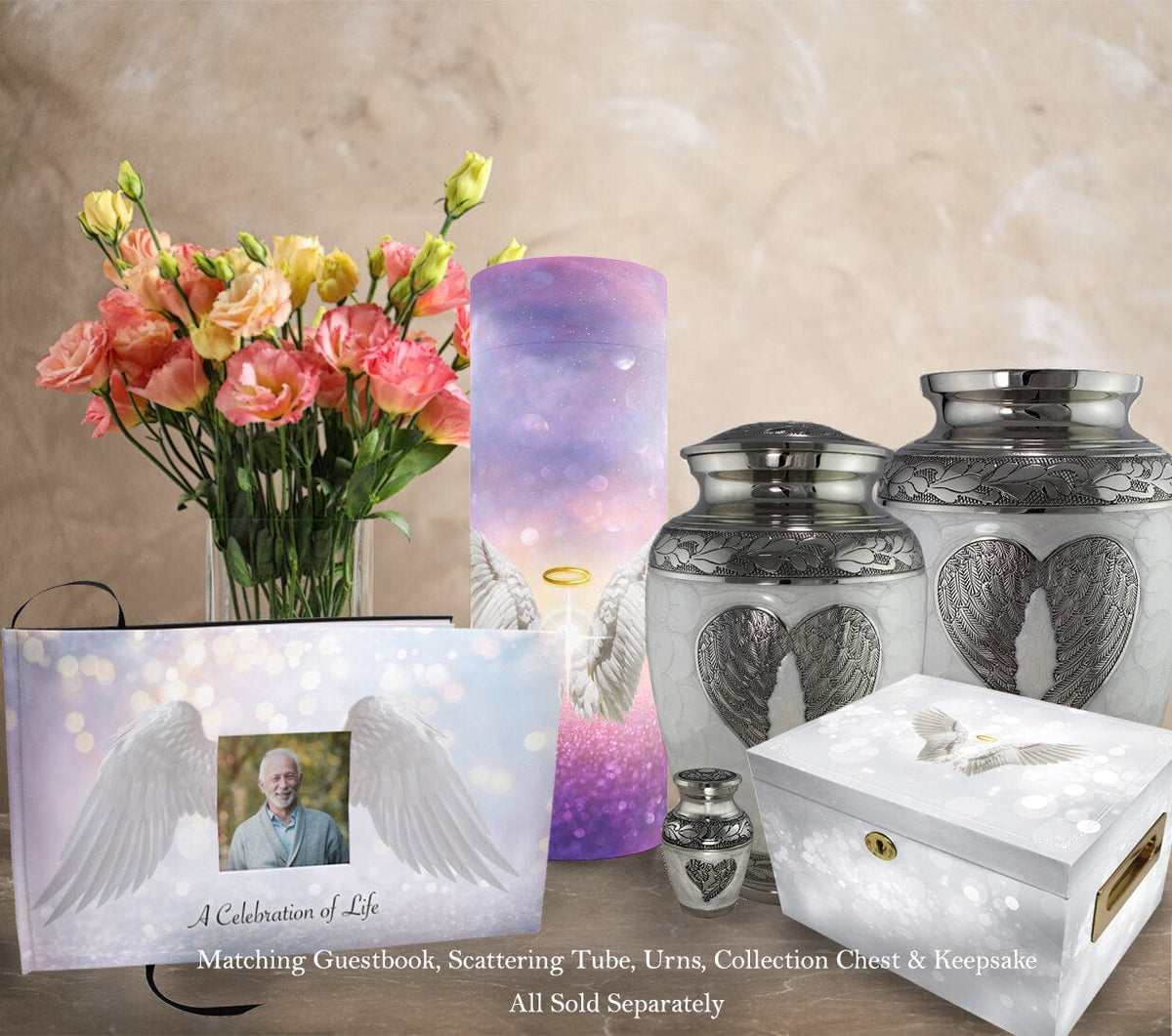 Commemorative Cremation Urns Loving Angel Wings Matching Themed 'Celebration of Life' Guest Book for Funeral or Memorial Service
