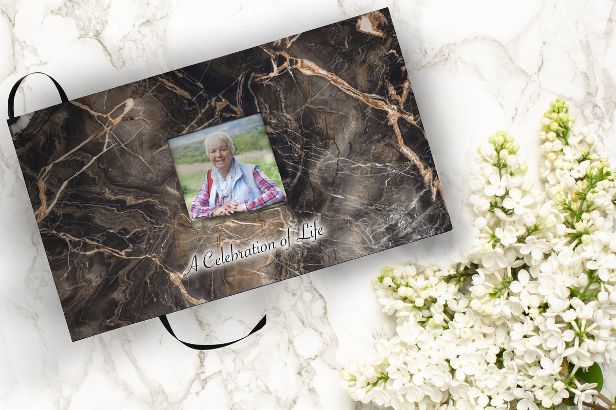 Commemorative Cremation Urns Mocha Marble Matching Themed 'Celebration of Life' Guest Book for Funeral or Memorial Service