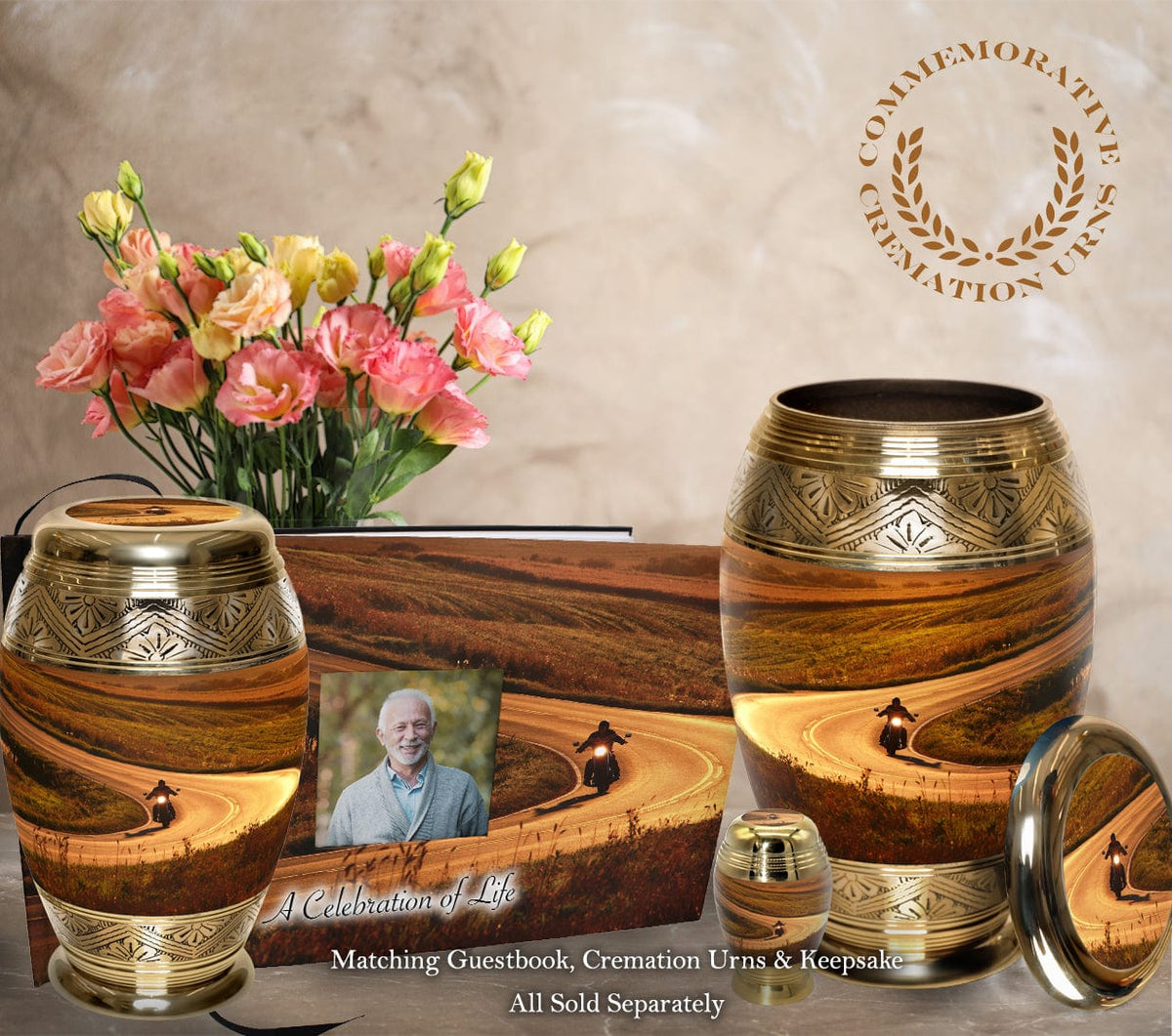 Commemorative Cremation Urns Motorcycle Matching Themed 'Celebration of Life' Guest Book for Funeral or Memorial Service