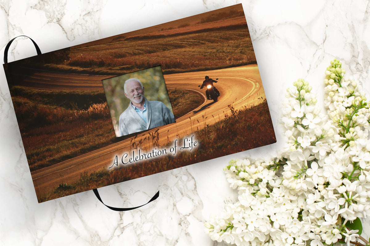 Commemorative Cremation Urns Motorcycle Matching Themed 'Celebration of Life' Guest Book for Funeral or Memorial Service
