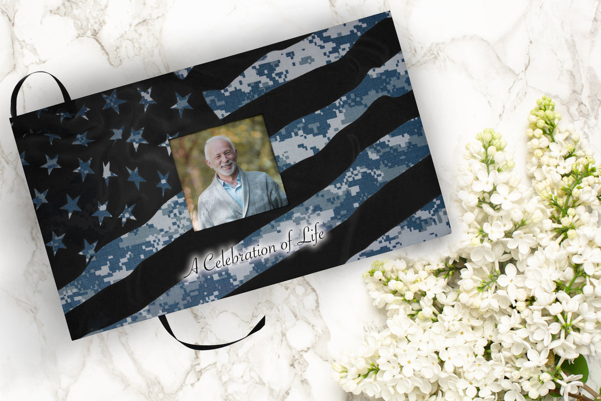 Commemorative Cremation Urns Navy Blue Camouflage Matching Themed 'Celebration of Life' Guest Book for Funeral or Memorial Service