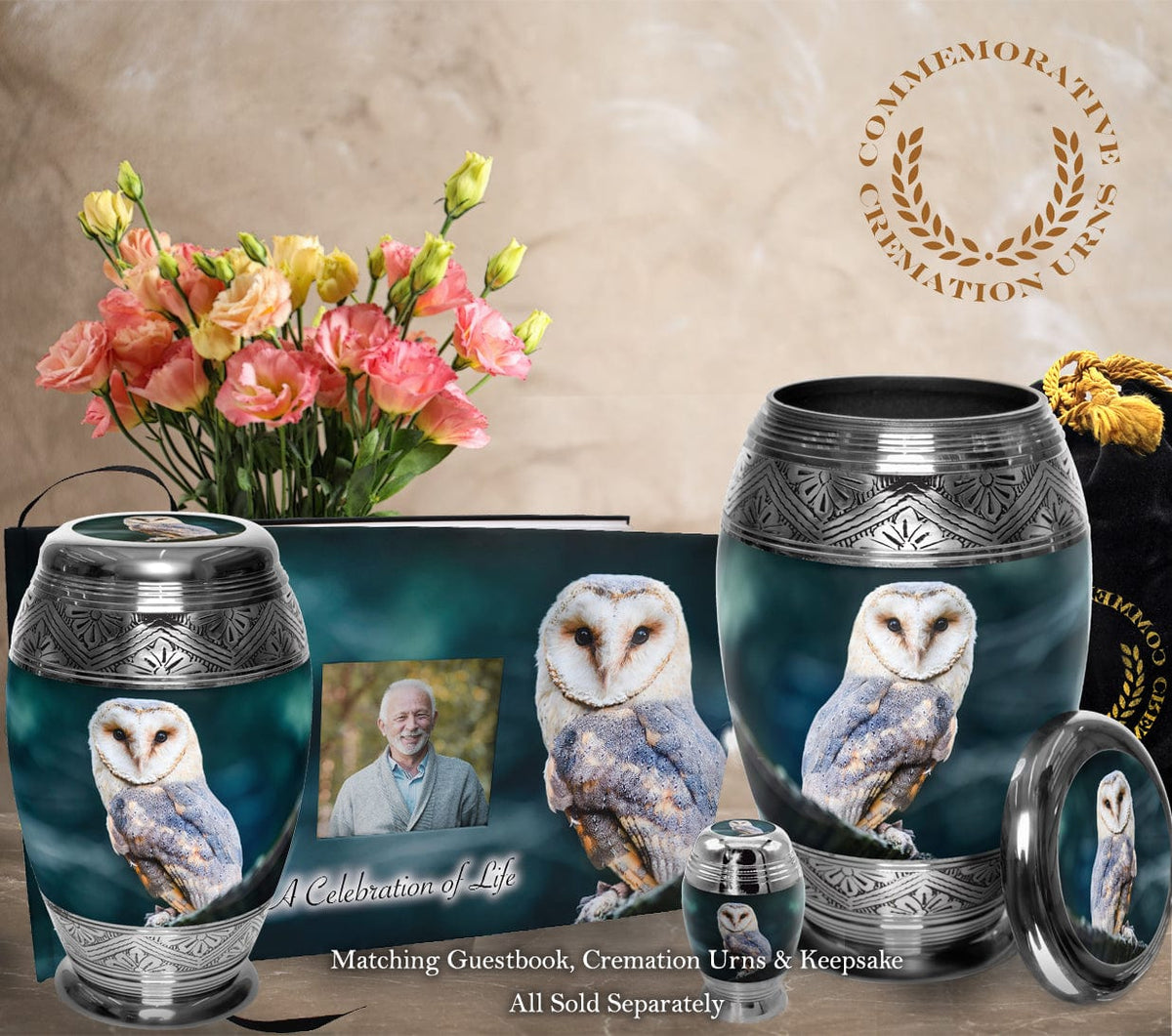 Commemorative Cremation Urns Owl Matching Themed 'Celebration of Life' Guest Book for Funeral or Memorial Service