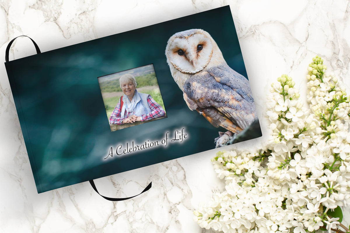 Commemorative Cremation Urns Owl Matching Themed 'Celebration of Life' Guest Book for Funeral or Memorial Service