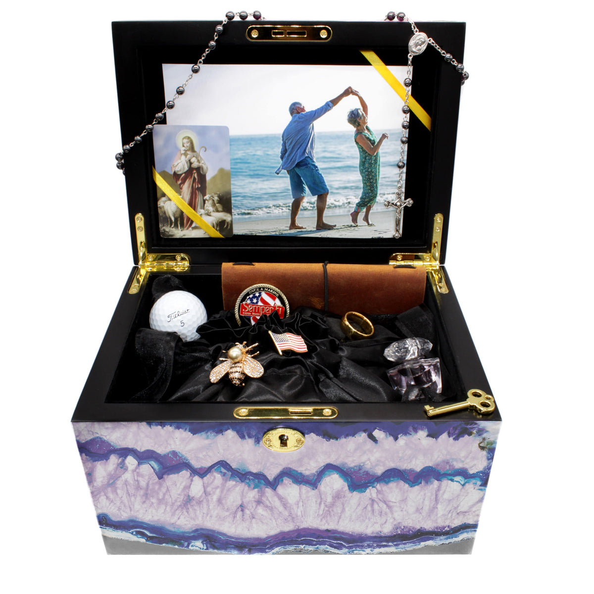 Commemorative Cremation Urns Purple Agate Crystal Memorial Chest with Genuine Amethyst and Rose Quartz Cremation Urn